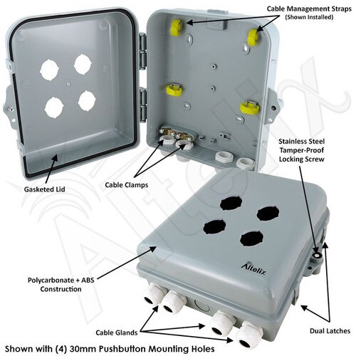 Altelix 10x9x4 IP66 NEMA 4X PCABS Weatherproof 6 Pushbutton Enclosure with 30mm holes